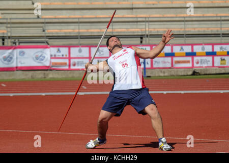 Down Syndrom Athlet mit Speer. Trisome Spiele 2016. Florenz, Italien. Stockfoto