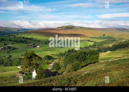 Calver Hill in der Nähe von Reeth, von Fremington Edge aus gesehen, in den Yorkshire Dales, England. Stockfoto