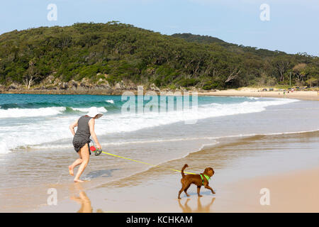 Dame zu ihrem Hund auf Elizabeth Beach in New South Wales, Australien Stockfoto