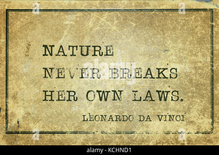 Die Natur bricht niemals ihre eigenen Gesetze - alte italienische Künstler Leonardo da Vinci Zitat gedruckt auf grunge vintage Karton Stockfoto