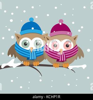 Paar Eulen mit Schal an einem Wintertag. Vector Illustration Stock Vektor