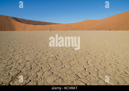 Schöne hoch aufragenden roten Sanddünen und Trocknen Risse im Lehm Oberfläche an der berühmten deadvlei in der Namib Wüste, Namibia, Afrika Stockfoto