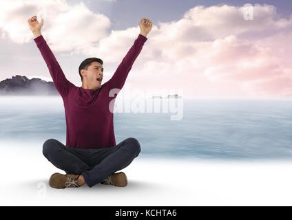 Digital composite des Menschen Gähnen am Meer Wolken Stockfoto