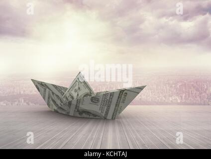 Digital composite von Papiergeld dollar Boot in Stadt Wolken Stockfoto