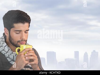 Digital composite der Mann mit Schale in der Stadt Stockfoto