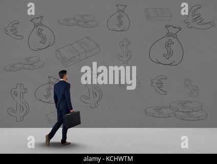 Digital composite der Geschäftsmann vor Geld an der Wall Stockfoto