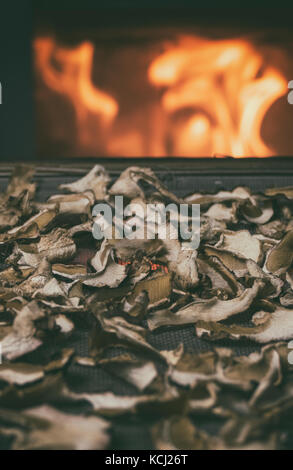 Getrocknete Pilze auf dem Tisch am Kamin im Hintergrund mit Feuer. Die Lagerung von getrockneten Pilzen. Pilze in der Nähe von Feuer im Winter. Hitze von Home Stockfoto