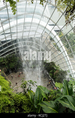 Besucher stehen vor dem höchsten Indoor-Wasserfall der Welt im Cloud Forest Dome in den Gardens by the Bay in Singapur. The Falls de Stockfoto