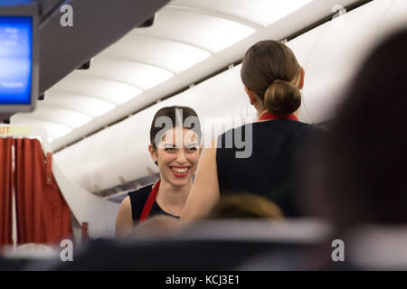 München, Deutschland - September 21th, 2017: Zwei weibliche Flugbegleiterinnen, dienen die Mahlzeit in der Economy Class, Aegean Airlines. Stockfoto