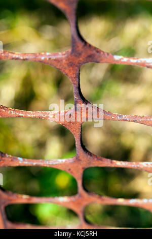 Rostiger Metallzaun. Nahaufnahme in einem Winkel, geringe Schärfentiefe Stockfoto