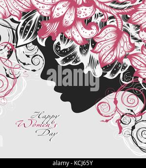 Silhouette einer Frau eingerichtet Hand gezeichnete Blumen für glückliche Tag der Frauen Stock Vektor