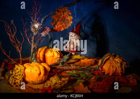 Geheimnisvolle gute Hexe auf einem Besen in eine märchenhafte Nacht Herbst Wald mit Kürbis, Halloween Hexe Spielzeug Puppe Anhänger. Stockfoto