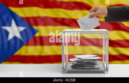 Referendum in Katalonien. Wählerhand auf katalonischem Flaggenhintergrund. 3D-Abbildung Stockfoto