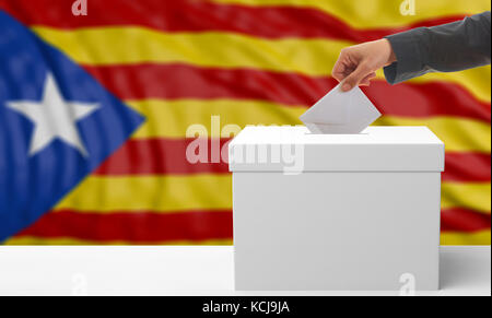 Referendum in Katalonien. Wählerhand auf katalonischem Flaggenhintergrund. 3D-Abbildung Stockfoto