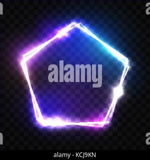 Abstrakte Neon Pentagon elektrische Rahmen auf Transparenten Hintergrund. Night Club anmelden. 3d Retro Licht Namensschild mit Neon-effekt Techno Frame auf dunkelblauem Hintergrund bunte Vektor Illustration im 80er Jahre Stil Stock Vektor