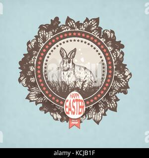 Hand gezeichnet grunge Ostern Karte mit Osterhase, Blumen, Gras, Sterne, Schmetterlinge, Osterei auf einem blauen Hintergrund verschmutzt Stock Vektor