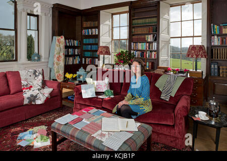 Innenarchitekt, Sarah Fortescue in Ihrem Büro, der Bibliothek von boconnoc Haus, Cornwall, der Familie zu Hause. Stockfoto