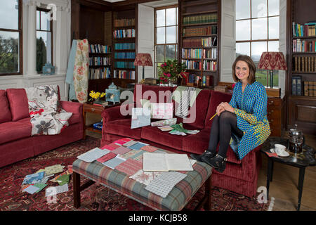 Innenarchitekt, Sarah Fortescue in Ihrem Büro, der Bibliothek von boconnoc Haus, Cornwall, der Familie zu Hause. Stockfoto