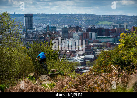 Ein Mountainbiker springt in die Luft, als er reitet die Wanderwege in Parkwood Federn mit Blick auf Sheffield City Centre. Stockfoto