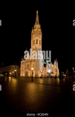 Blick auf die Matthias-Kirche auf dem Burgberg in Budapest bei Nacht. Stockfoto