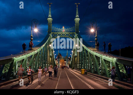 Die Freiheitsbrücke in Budapest ist für jeden Verkehr geschlossen, wo man spazieren gehen und klettern kann - manchmal mit spontanen Partys. Stockfoto