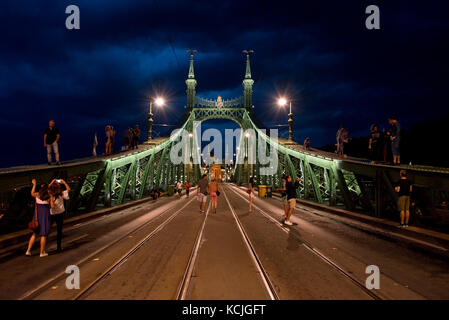 Die Freiheitsbrücke in Budapest ist für jeden Verkehr geschlossen, wo man spazieren gehen und klettern kann - manchmal mit spontanen Partys. Stockfoto