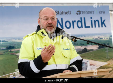 Nortorf, Deutschland. Oktober 2017. Lex Hartman, Vorsitzender der TenneT TSO GmbH, spricht bei der Dachdeckungszeremonie der Nordlink Converter Station in den Wilster Marschen bei Nortorf, Deutschland, am 6. Oktober 2017. Die Umrichterstation ist Teil einer Stromverbindung von Norwegen nach Deutschland, die ab 2020 norwegischen Wasserstrom nach Süden transportieren wird. Quelle: Markus Scholz/dpa/Alamy Live News Stockfoto