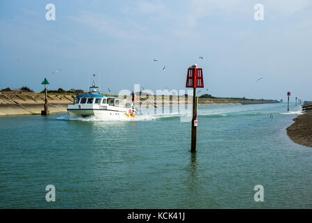 Ein Fischerboot kehrt in Roggen Hafen in East Sussex Stockfoto