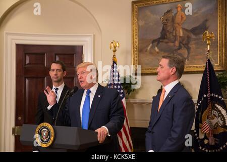 US-Präsident Donald Trump, Senator Tom Cotton (links) aus Arkansas und Senator David Perdue aus Georgia veranstalten eine Pressekonferenz zum RAISE Act, zur Green Card Reform und zur illegalen Einwanderung im Roosevelt Room des Weißen Hauses am 2. August 2017 in Washington, DC (Foto: Andrea Hanks via Planetpix). Stockfoto