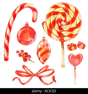 Lollipop, Bug und Beeren. Satz von Aquarell Illustrationen von Weihnachten süß. Symbol der Rutsch ins neue Jahr. auf weißem Hintergrund. Stockfoto