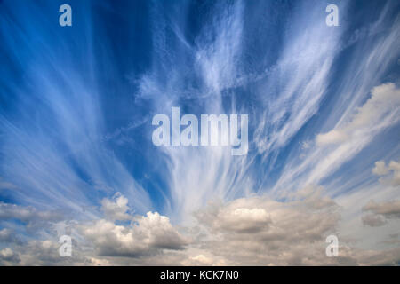 Himmel und Wolken verbinden sich mit Flugzeugdampfspuren Ein Interessantes, breites perspektivische Muster Stockfoto