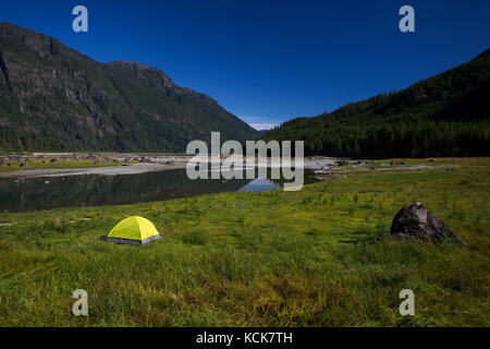 Ein einsamer helle grüne Zelt am Kopf der buttle Lake im Strathcona Park bietet im Gegensatz zu einem klaren blauen Himmel, Strathcona Park, Vancouver Island, British Columbia, Kanada. Stockfoto