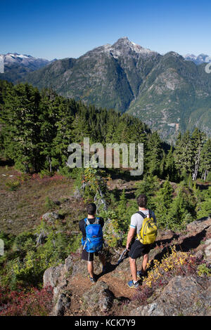 Zwei männliche Wanderer halten an und genießen den Blick zurück auf die Berge in der Nähe von Mt. Myra vom Flower Ridge Trail im Strathcona Park, Strathcona Park, Vancouver Island, British Columbia, Kanada. Stockfoto