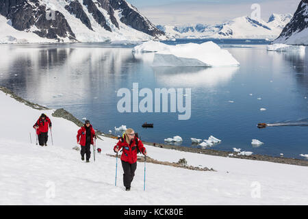 Wandern Passagiere bilden eine Cruiseship Skala ein schneefeld auf dem Weg zu einem Pinguin Kolonie entlang der Küste Danco, Antarktische Halbinsel, Antarktis. Stockfoto