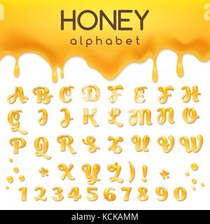 Flüssiger Honig Alphabet auf weißem Hintergrund. honeyed Gelb caramel Essen Font mit Tropfen und Spritzer. Vector Illustration Stock Vektor
