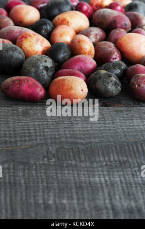 Holz- Hintergrund mit Mix aus frischen bunten Kartoffeln Stockfoto