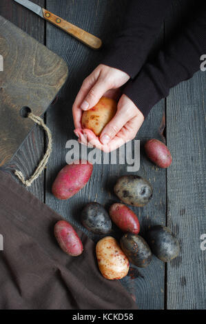 Weibliche Hände halten Sie die frischen Kartoffeln Stockfoto