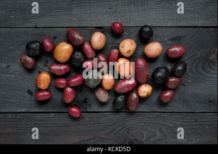 Frische bunte Kartoffeln auf dem alten Holztisch Stockfoto