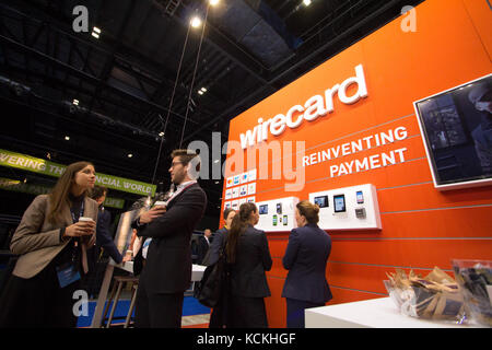 Messestand für die Wirecard AG das globale Internet Technologie und Finanzdienstleister an Payexpo in London Stockfoto