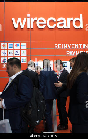 Messestand für die Wirecard AG das globale Internet Technologie und Finanzdienstleister an Payexpo in London Stockfoto