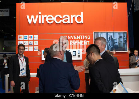 Messestand für die Wirecard AG das globale Internet Technologie und Finanzdienstleister an Payexpo in London Stockfoto