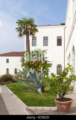 San Servolo Island, Venedig, Italien. Tropischen Pflanzen und Palmen im Garten in der Nähe der Eingang zur Insel mit der Rezeption für die Hotel- und V Stockfoto