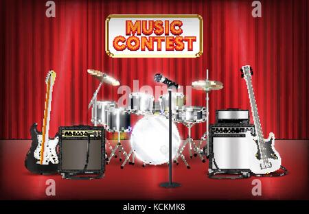 Gitarre und Bass Drum Mikrofon Band auf der Showbühne Stock Vektor