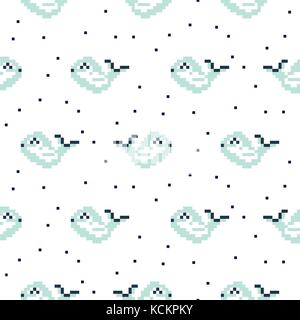 Light Blue whale cartoon Pixel-art nahtlose Muster. Stock Vektor