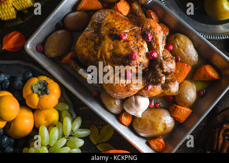 Thanksgiving Truthahn, Gemüse und Früchte close-up horizontal Stockfoto