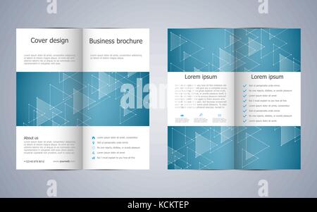 Bi-fold business Broschüre Vorlage mit Dreiecken abstrakt Hintergrund. Geometrische Grafik und angeschlossene Leitungen mit Punkten. Medizinischen, technischen und wissenschaftlichen Konzept. Vector Illustration. Stock Vektor