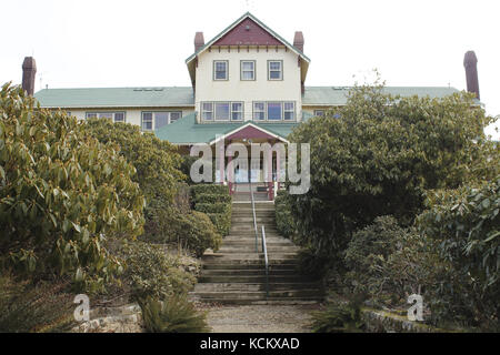 Mount Buffalo Chalet, eine Ikone für Qualitätsurlaube in den Jahren 1920s und 1930s. Erbaut im Jahr 1910 wurde es zunächst von der Victorian Railways betrieben; Gäste würden es nicht tun Stockfoto