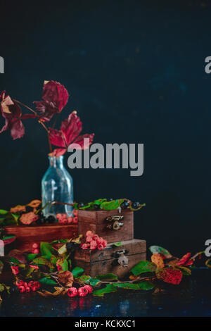 Rote Blätter im Herbst in einem Glas Flasche auf einen Stapel von Kisten aus Holz, dunkel noch Leben mit einem Halloween Stimmung und Vogelbeeren. hölzerne Särge auf einem dunklen zurück Stockfoto