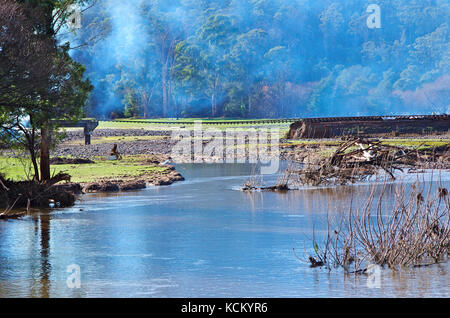 Eingestürzte Eisenbahnbrücke über den Mersey River in Kimberley nach dem Hochwasser. Nordwest-Tasmanien, Australien Stockfoto