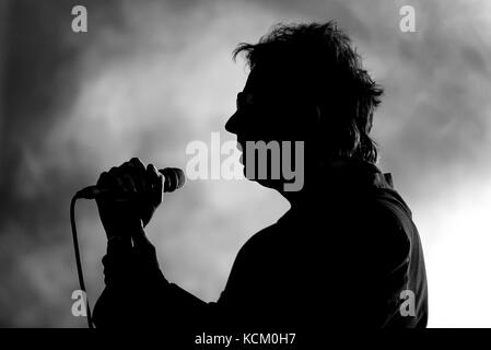 Benicassim, Spanien - Jun 16: Silhouette der Sänger von Echo und der bunnymen (Rock Band in Liverpool) gebildet, die in einem Konzert in der fib Festival am 16. Juli Stockfoto